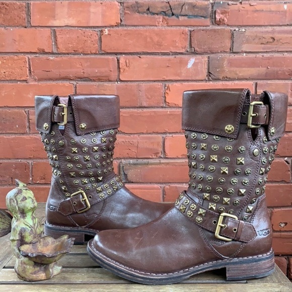 SALE ❤️ UGG Conor Harness Studded Shearling Brown Leather Moto Biker Boots 7.5 - Picture 3 of 12